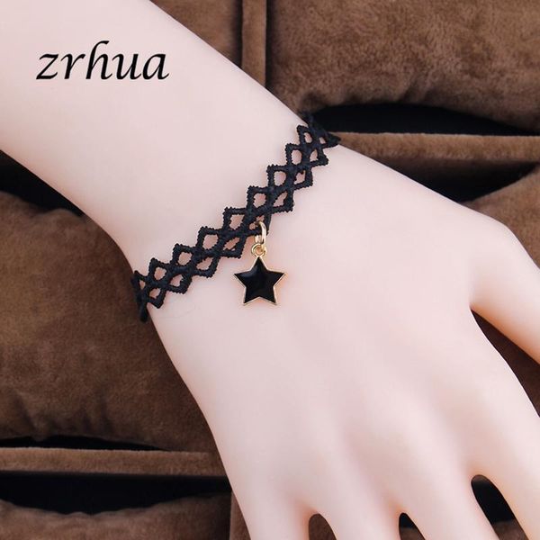 

charm bracelets zrhua lady handmade black star lace bracelet fashion retro jewelry gothic flower bijoux for women girls gifts, Golden;silver