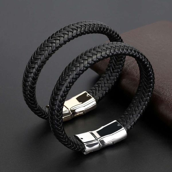 

men's leather zinc alloy bracelet punk hand woven rope magnetic clasp bracelet, Golden;silver