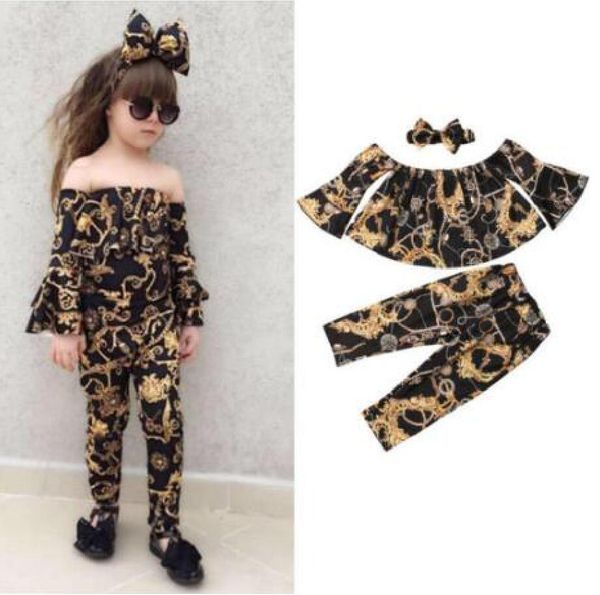 

new baby 3pcs clothing sets toddler kids girl off shoulder headband pants infant autumn outfits summer, White