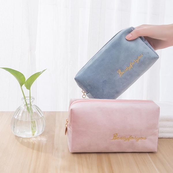 

women zipper velvet make up bag travel large cosmetic for makeup solid color female pouch necessaries pencil bags & cases