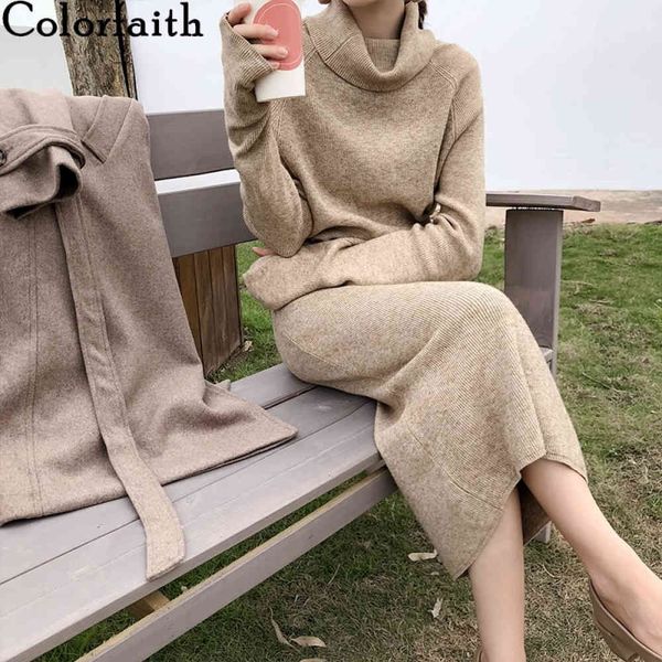 

colorfaith new autumn winter women dresses turtleneck oversize drawstring knitted elegant wild ladies long dresses dr9037 210413, Black;gray