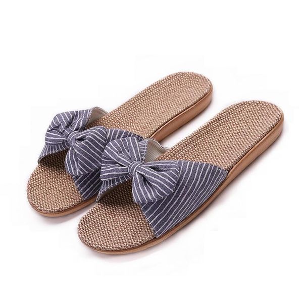 

women summer casual slides comfortable flax slippers striped bow linen flip flops platform sandals ladies indoor shoes, Black