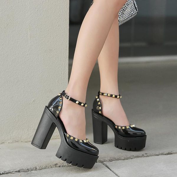 

summen thick heel rivet women sandal shoes size 34-40 dress, Black