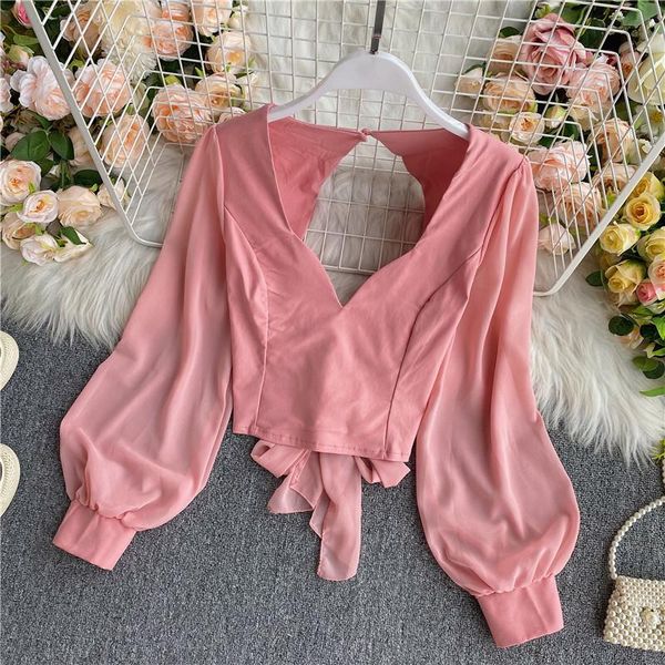

women's t-shirt 2021 slim waist v neck spring short tie women backless tee casual autumn hollow out t shirt long sleeve tshirt, White