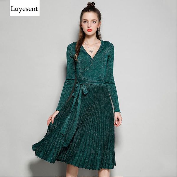 

casual dresses women lurex knit fabric shiner cross v neck pleat dress tunic fashion flare hem autumn winter lady femme vestidos 2021 christ, Black;gray