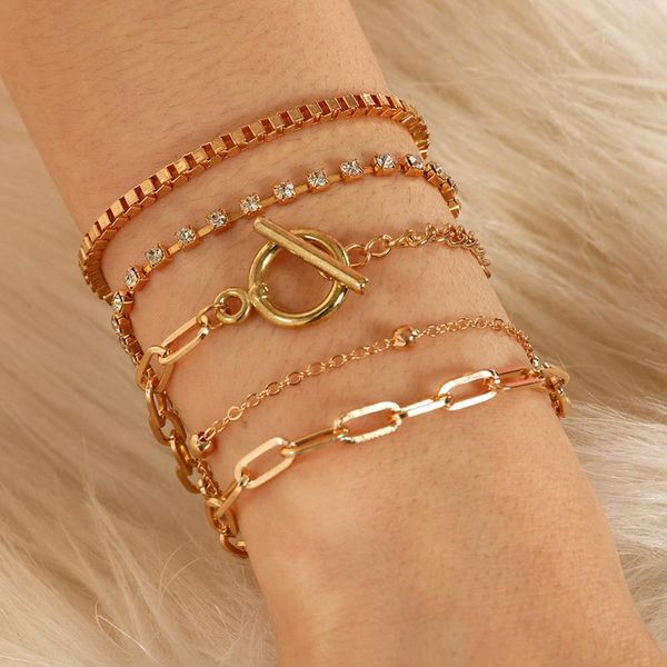 

charm bracelets 5pcs/set punk gold crystal thick chain bracelet female bohemian geometric ot buckle set jewelry girl party gift, Golden;silver