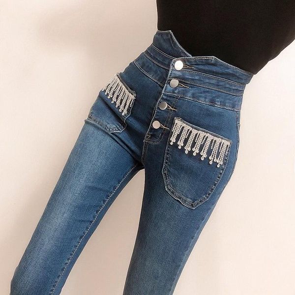 

women's jeans 2021 spring tassel high waist stretch hip slim fit skinny feet nine points pencil pants denim trousers, Blue