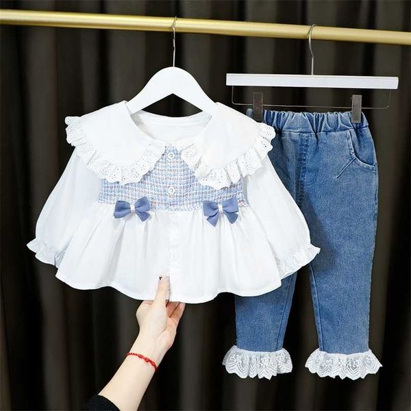 

long sleeves clothing girls dress fashion lotus leaf collar shirt + jeans 2 pcs/set children costume for 1 2 3 4 years party 211021, White