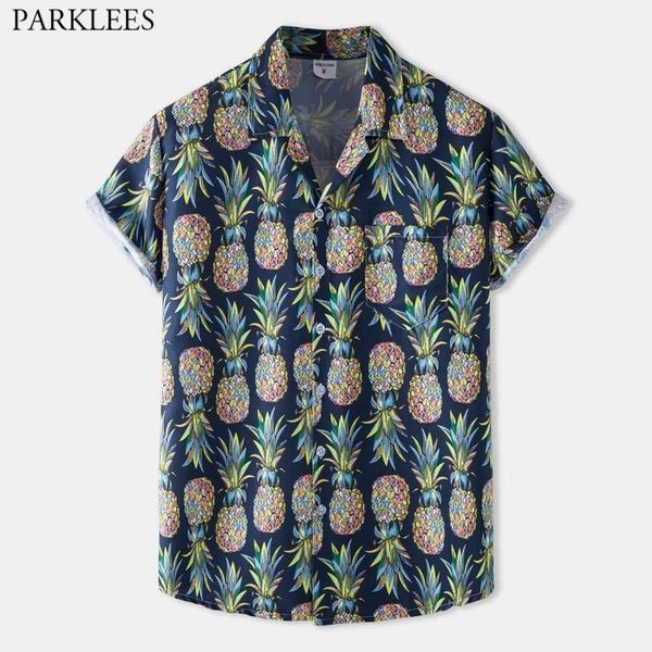 

fashion pineapple print mens hawaiian shirts short sleeve button down casual shirt for men party holiday vacation clothing 3xl 210522, White;black