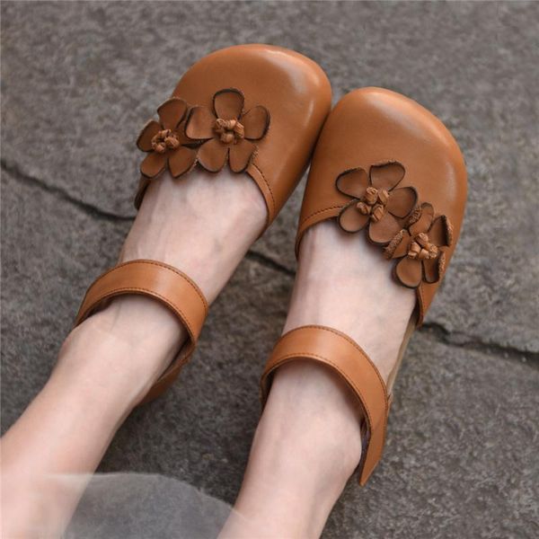 

sandals artmu original genuine leather women handmade flowers soft soles closed toe gladiator flats leisure ladies shoes, Black