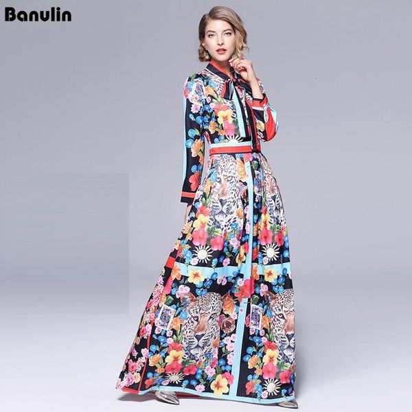 

casual dresses runway maxi women bow neck vintage animal print floor length long party dress vestidos robe femme gf3n, Black;gray