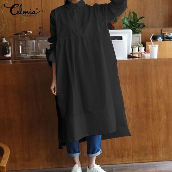 

autumn women solid shirts dresses celmia casual loose stand collar lapel irregular hem dress plus size vestidos robe mujer 200928, Black;gray