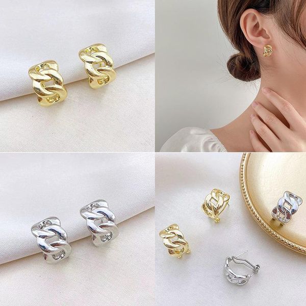 

hoop & huggie trendy hollow chain earrings temperament simple design circle statement jewelry metal geometric fashion, Golden;silver