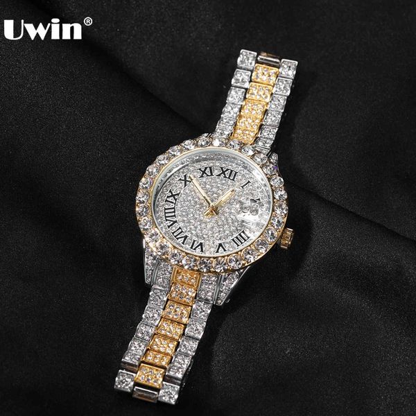 

uwin round watch full baguette cz iced out pink dial quartz wrist watches men hip hop body jewelry for drop shipping, Slivery;brown