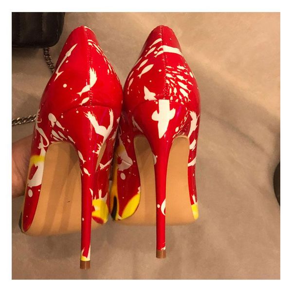 

dress shoes wholesale red printed leather high heel 12cm pointy toe patchwork stiletto pumps patent club party shoe, Black