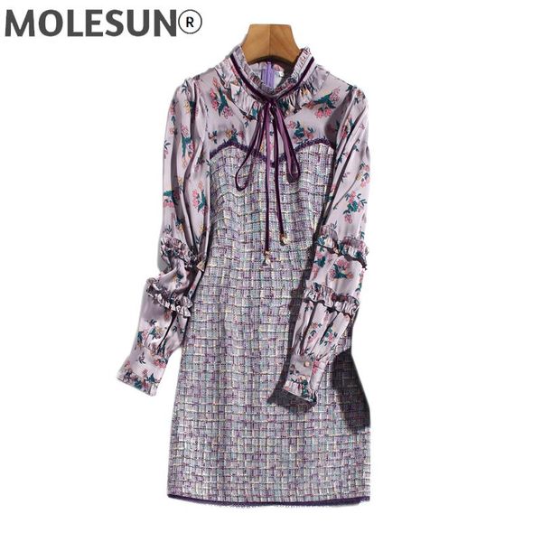 

casual dresses fashion designer spring autumn tweed stitching floral long sleeves vintage bow ribbon women's mini dress, Black;gray
