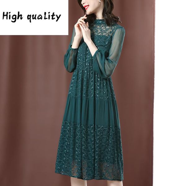 

real 100% silk spring dress women vintage elegant party 2021 ladies dresses long sleeve midi vestidos casual, Black;gray