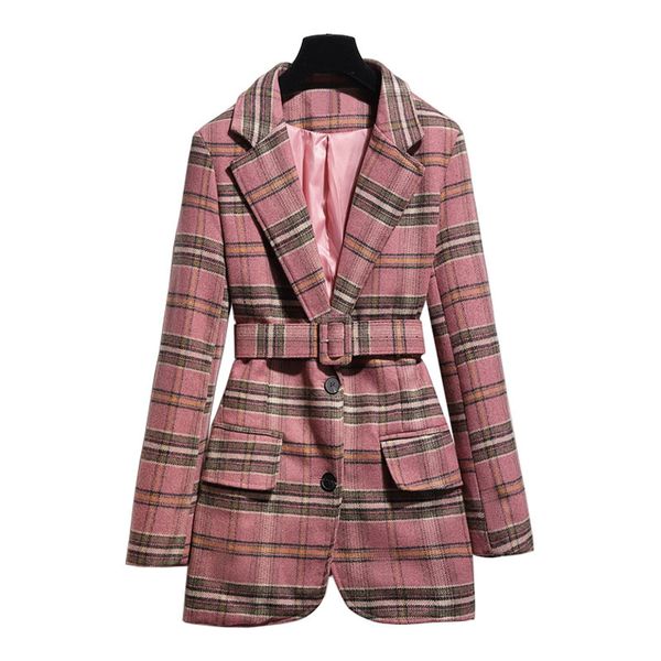 Pembe Kahverengi Ekose Çentik Yaka Blend Blazer Uzun Kollu Kanat Kemer Cebi Tek Göğüslü Chic Zarif C0468 210514