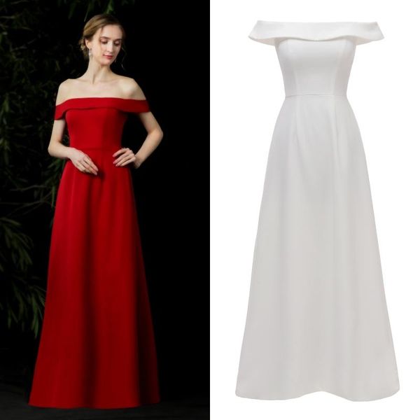 

party dresses simpe women evening dress off shoulder soft satin gown factory price 100% real sample po, White;black