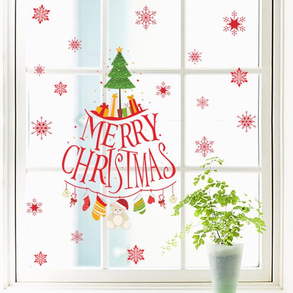 Frohe Weihnachten Baum Geschenk Wand Aufkleber Aufkleber Schneeflocke Weihnachten Schaufenster Glas Dekoration Poster Wandbild Wandkunst 210420