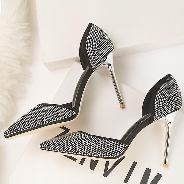 

dress shoes korean trendy elegant thin high heel women glitter crystal slip-on pumps brand shallow side cutout stilettos zapatos mujer, Black