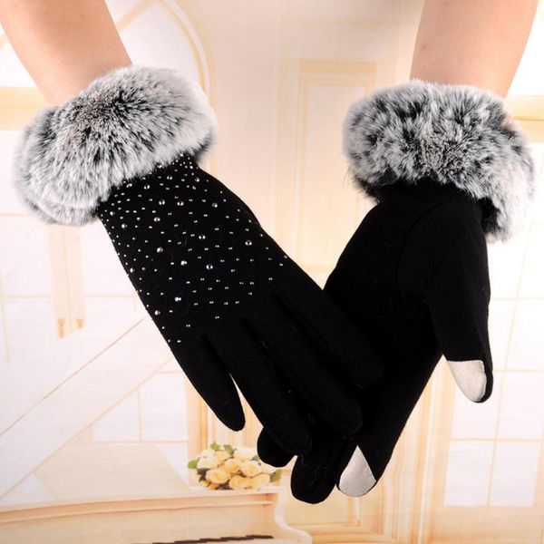 

five fingers gloves winter women full finger soft fur female mittens, Blue;gray