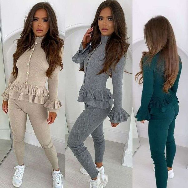 

tracksuits high neckline women's pitted ruffle professional uniform zipper sports two piece set, Gray