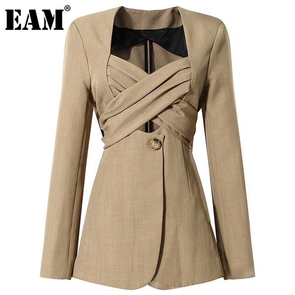 

[eam] women khaki bow cross bandage blazer v-neck long sleeve loose fit jacket fashion spring autumn 1dd3607 211006, White;black