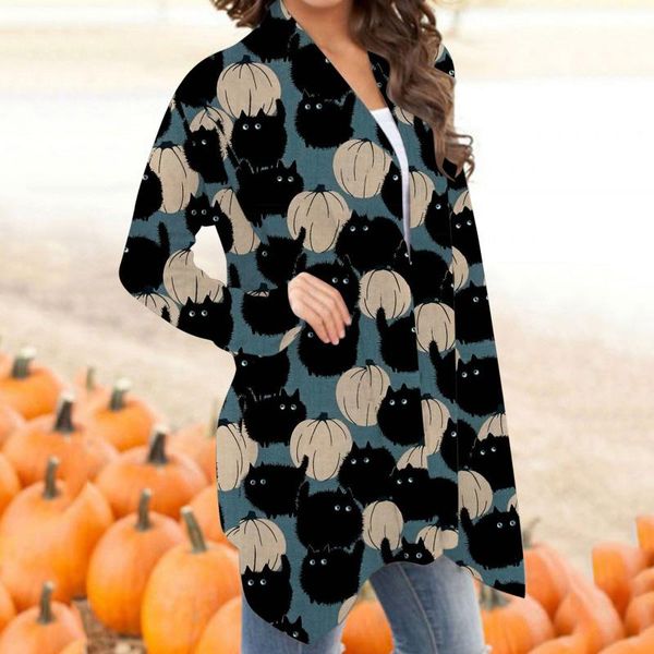 

women's jackets autumn halloween cardigan cat pumpkin print long sleeves casual coat retro female loose harajuku #t2g, Black;brown