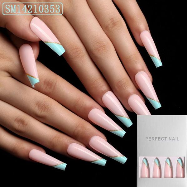 

false nails 24pcs multi color full cover square head nail wearable rhinestone fake detachable tips artificial manicure tool, Red;gold