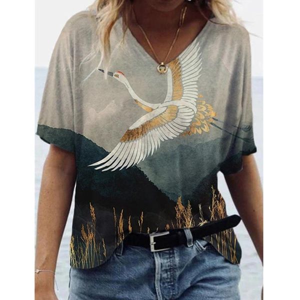 

women's t-shirt women short sleeve t shirt v-neck loose landscape print female elegant 2021 fashion plus size summer ladies, White
