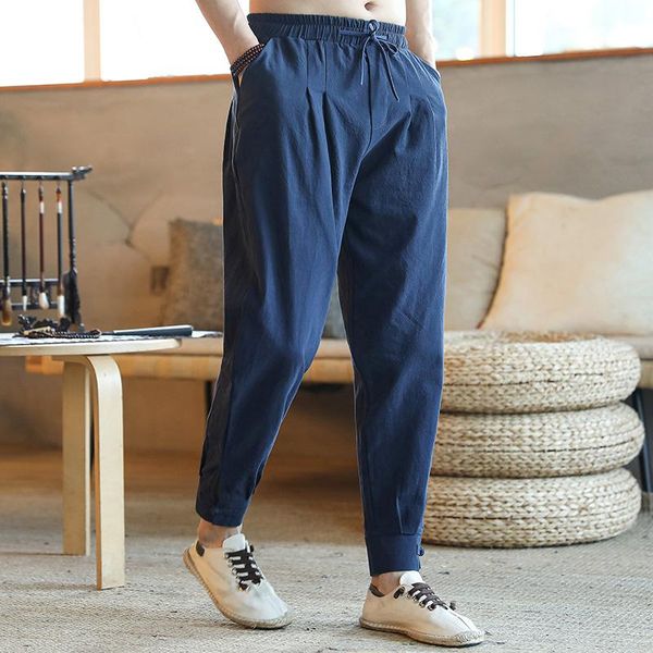 

men's pants m-5xl plus size chinese style baggy 2021 harajuku clothes linen casual harem men joggers man summer trousers male, Black