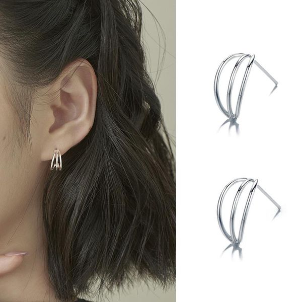 

design style silver color geometry circle line three layers stud earring 925 simple trend for women girl jewelry, Golden;silver