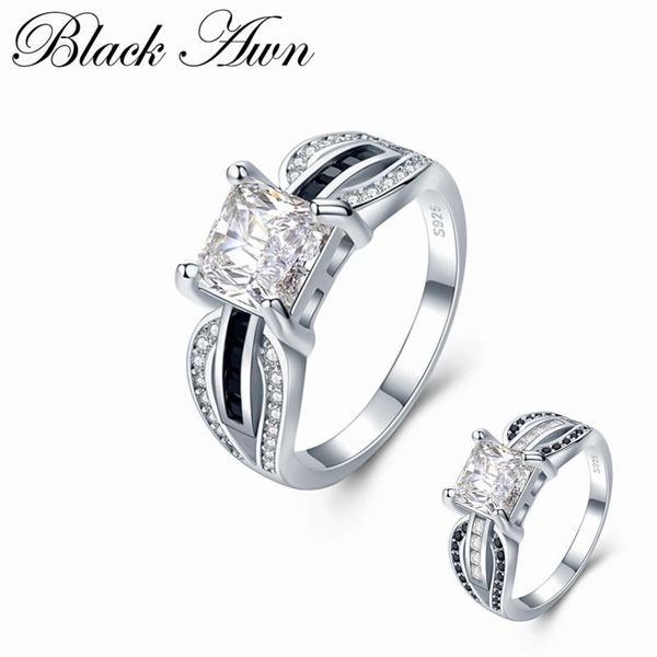 

cluster rings [black awn] trendy 4.6g 925 sterling silver jewelry black spinel square wedding for women bijoux c489, Golden;silver