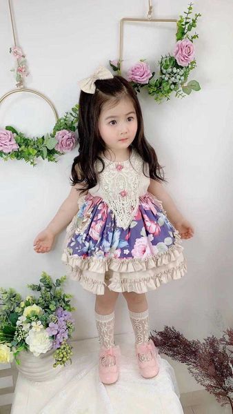 Menina bebê verão sem mangas roxas floreira vintage espanhol lace inglaterra lolita princesa vestido vestido vestido de birhtday q0716