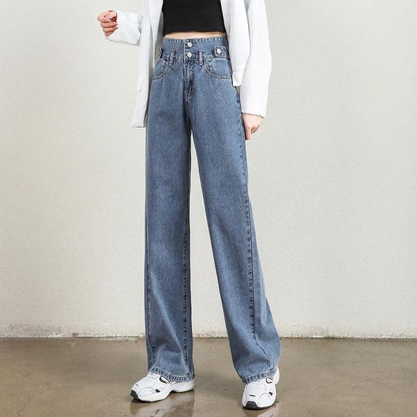 

women's jeans women wide leg fashion solid color high waist straight denim pants korean version loose temperament all-match trousers, Blue