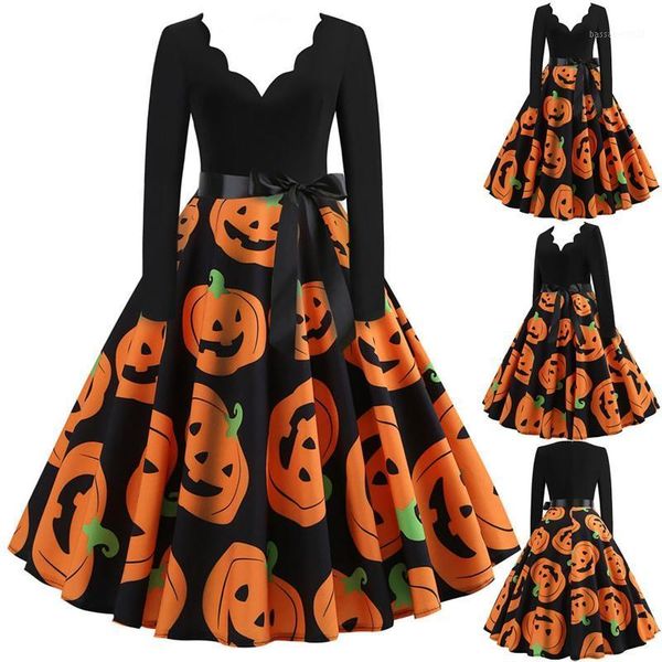 Abiti casual Abito vintage da donna 2021 Autunno manica lunga con scollo a V Halloween Anni '50 Festa da sera Abiti da donna femminili