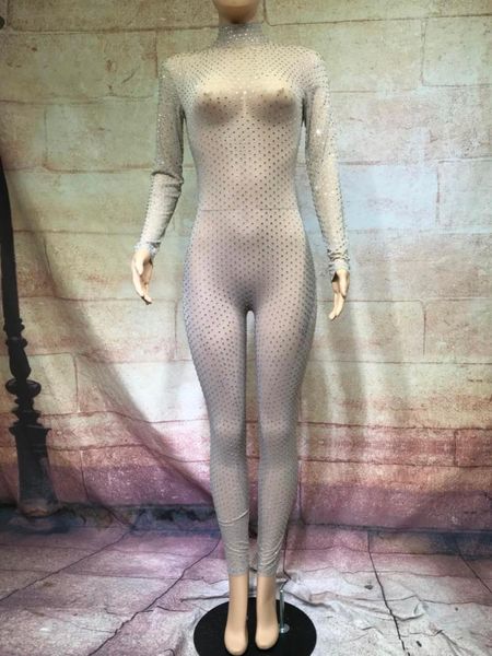 

women's jumpsuits & rompers 2021 fashion nude mesh rhinestone jumpsuit one-piece stretch perspective stones stage celebrate luxurious l, Black;white