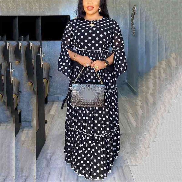 

african dresses for women fashion africa black dot printed full sleeve floor length elegant evening night dinner long dress 210510, Black;gray