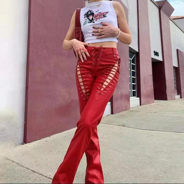 

women's pants & capris 2021 fashion high waist pu hollow out bandage straight legs slim skinny faux leather streetwear, Black;white