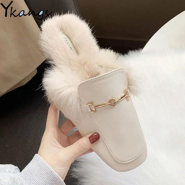 

slippers fall metal decoration pu upper furry harajuku artificial plush women outdoor non-slip ladies muller shoes, Black
