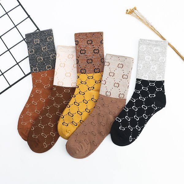 

5color designer letters embroidery print gold silver silk decorations socks winter thicken warm fashion brand casual sport knitted st, Black;white