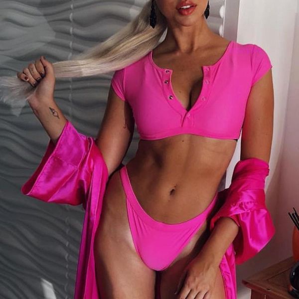 

neon bikini push up swimwear bathing suit 2021 sports swimsuit women short sleeve high cut thong beachwear swim women's, White;black