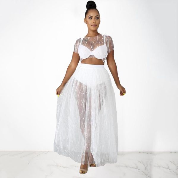 

skirts summer pearls mesh 2 piece set pleated skirt women perspective short sleeve o-neck long elastic waist, Black