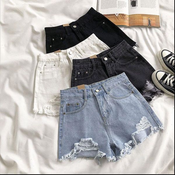 

casual high waist denim womens jeans shorts summer plus size pocket tassel hole ripped short female femme pants, Blue