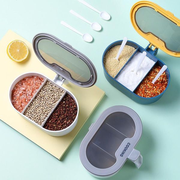 

storage bottles & jars kitchen seasoning box three grids spice with spoons sugar bowl salt shaker pepper jar container supplies