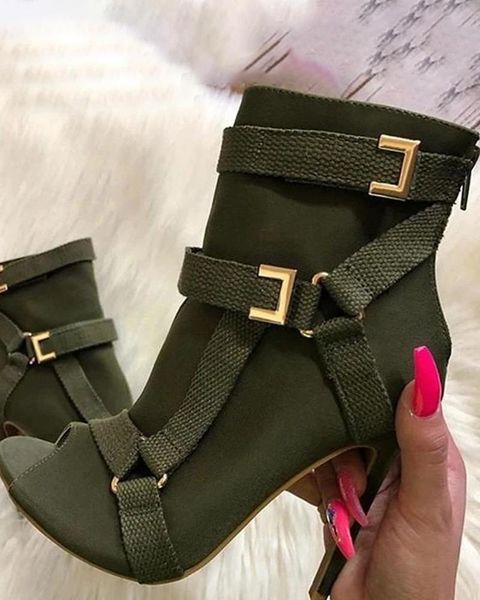 

boots design women fashion peep toe suede leather stiletto heel short buckles strap black army green high ankle booties