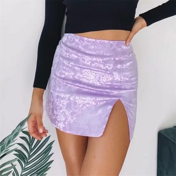 Flor de cintura alta impressão Setin Slit Saias Womens Bodycon Seda Roxo Mini Sexy Senhoras Zipper Bottoms 210427