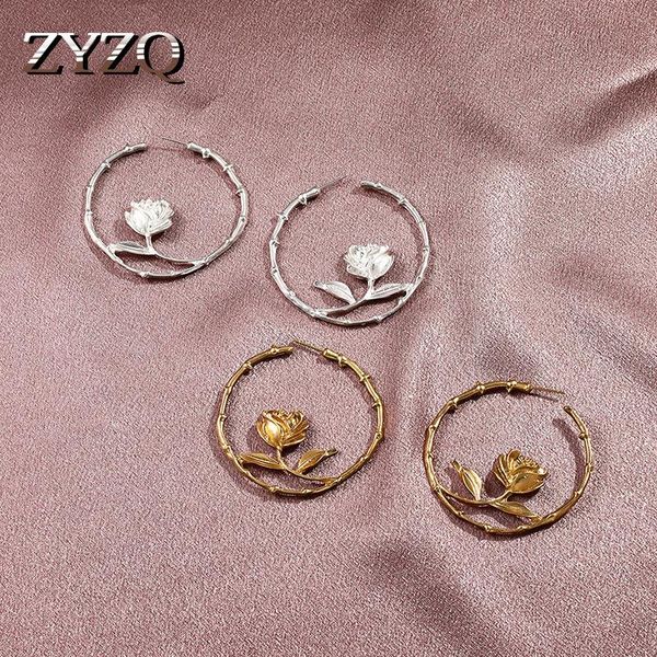 

hoop & huggie zyzq temperament retro rose flower earrings for women metal simple hollow drop fashion jewelry accessories, Golden;silver