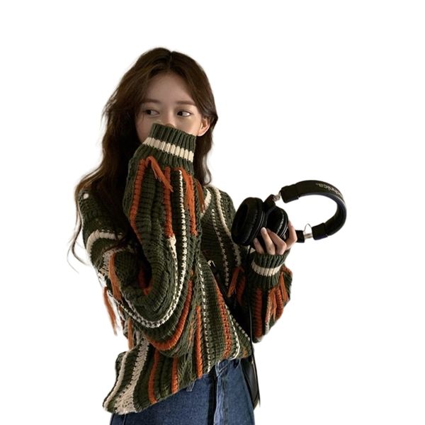 

women sweater autumn v-neck striped irregular loose tassels pullovers korea chic patchwork sweaters gk368 210507, White;black